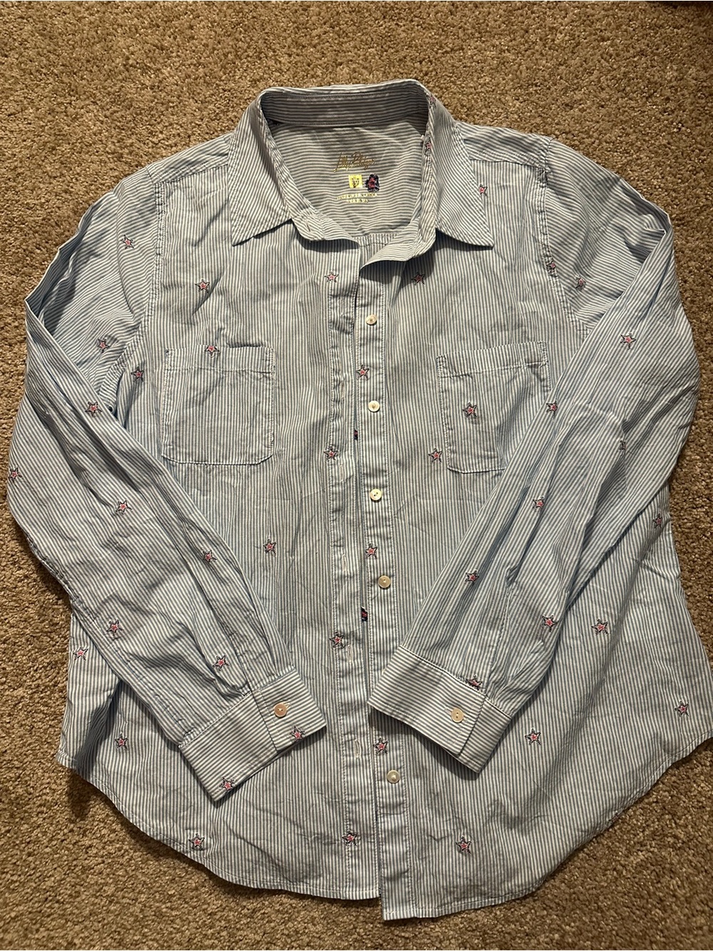 Lilly Pulitzer Light Blue Striped Button-Down Shirt with Pink Embroidery